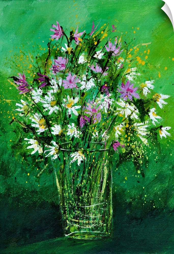 A large bouquet of flowers in bright colors of white and purple, against of green backdrop.