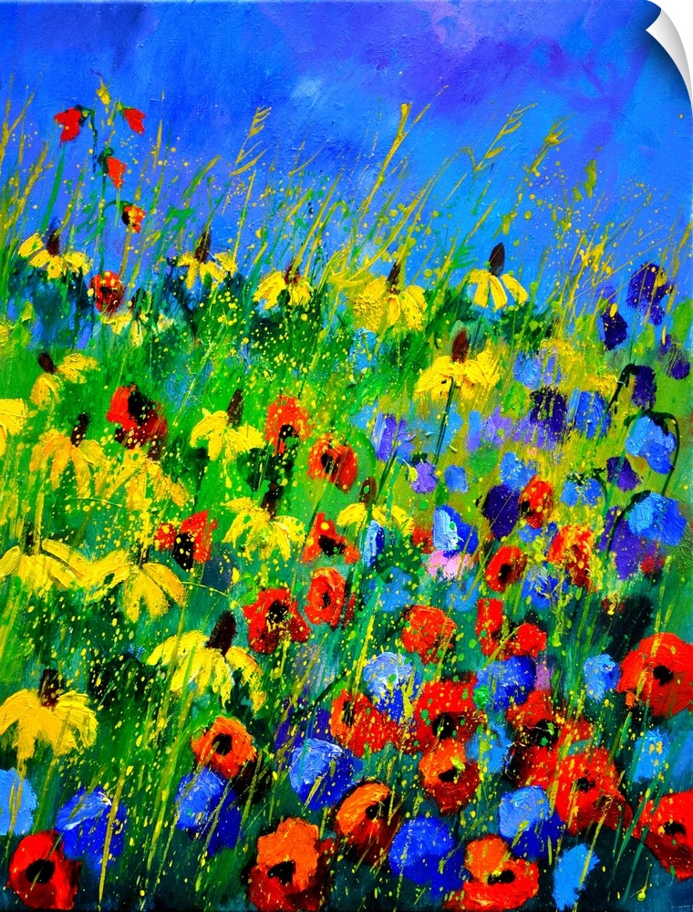 Vertical painting of a a field of colorful wild flowers and a bright blue sky with small speckles of paint overlapping.