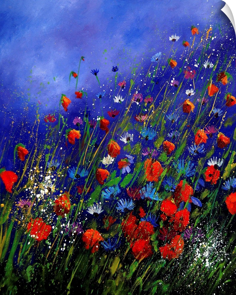 Vertical painting of a field of red and blue wild flowers in bloom with a vibrant blue sky.