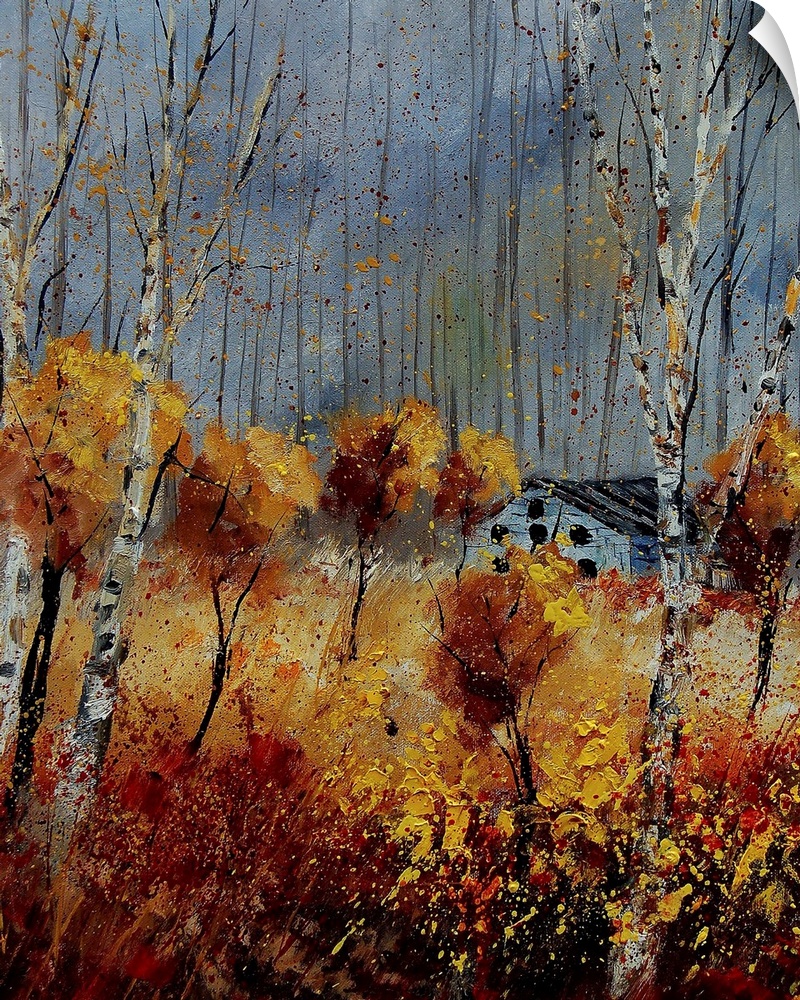 Vertical painting of lively orange leaved  trees surrounding a small house on an autumn day.