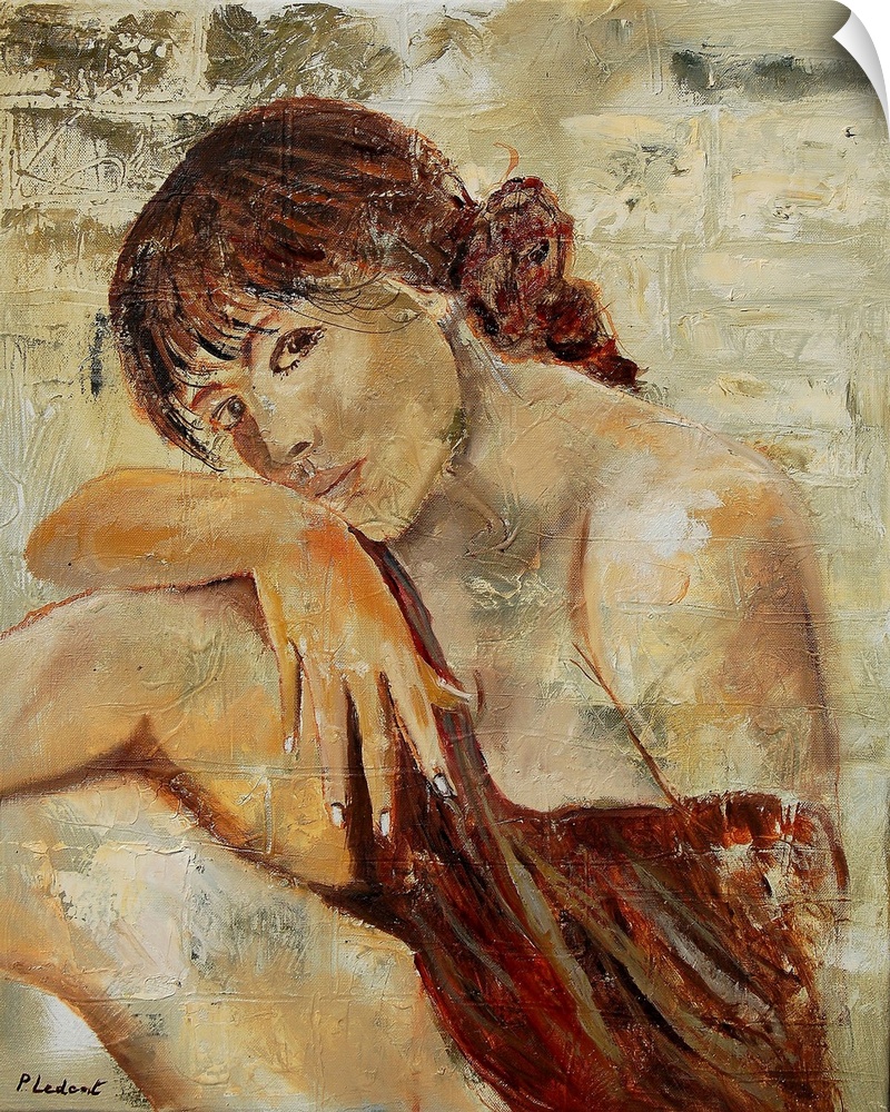 A nude portrait of a woman sitting, painted in textured neutral colors.