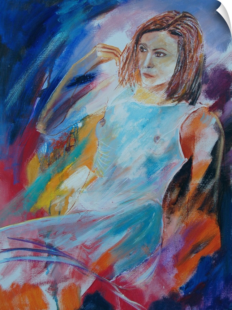 A painting of a woman in white sitting, done in textured vibrant colors of orange, red, blue and yellow.