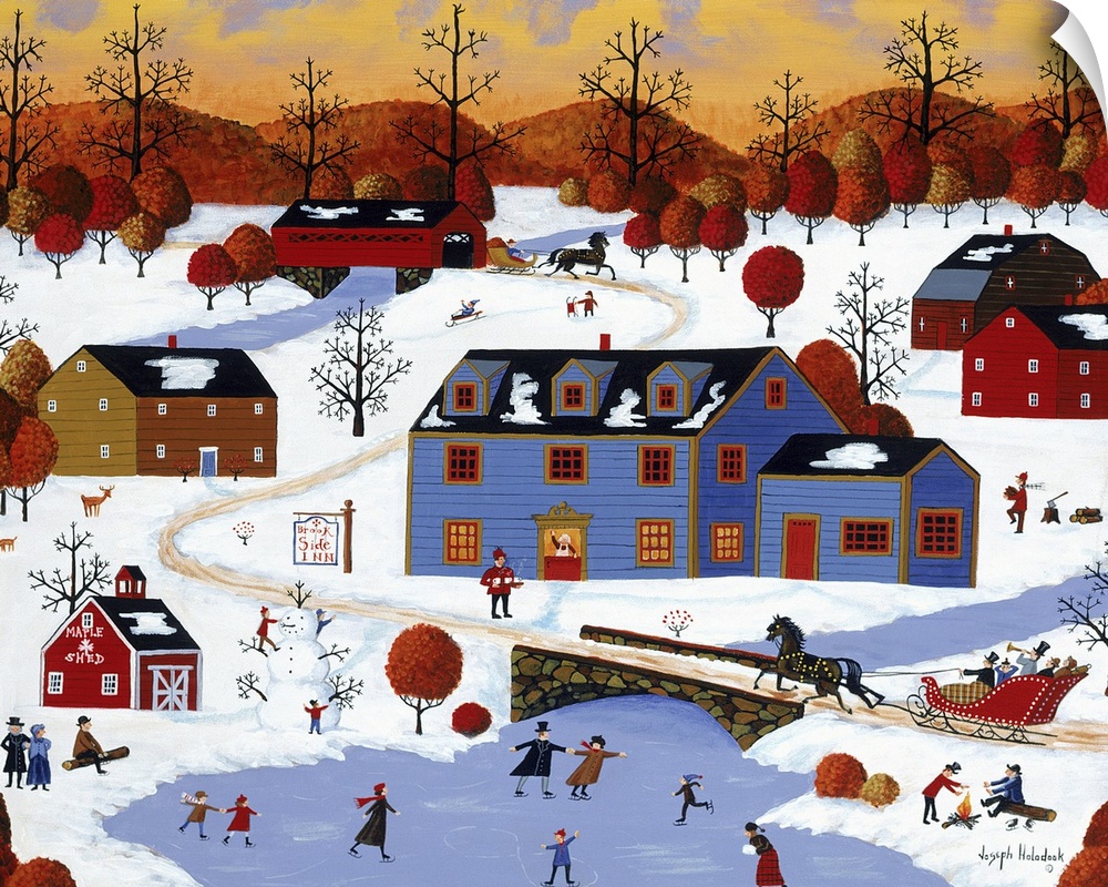 A winter scene in a rural town with children ice skating near a large inn.