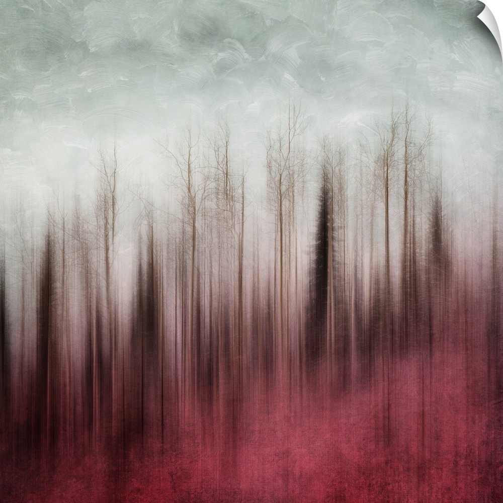 An artistic photograph of a blurred forest in red tones under a gray sky.
