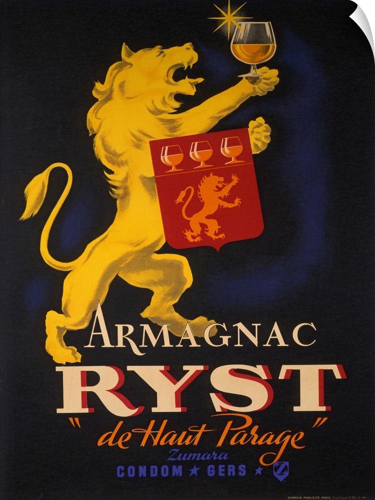 Vintage advertising poster with a lion standing on hind legs and with a glass of wine in one paw and a shield in the other...
