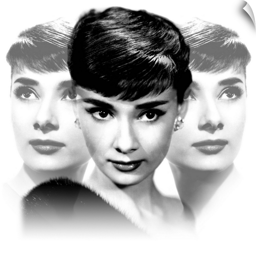 Square photograph of Audrey Hepburn from the shoulders up, mirrored on both sides.