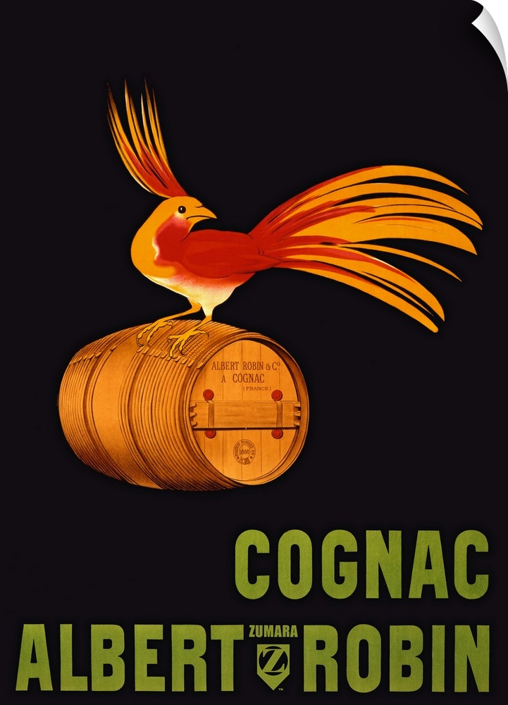 Large vertical vintage advertisement for Albert Robin Cognac, with a bright bird with long plumage, perched upon a wooden ...