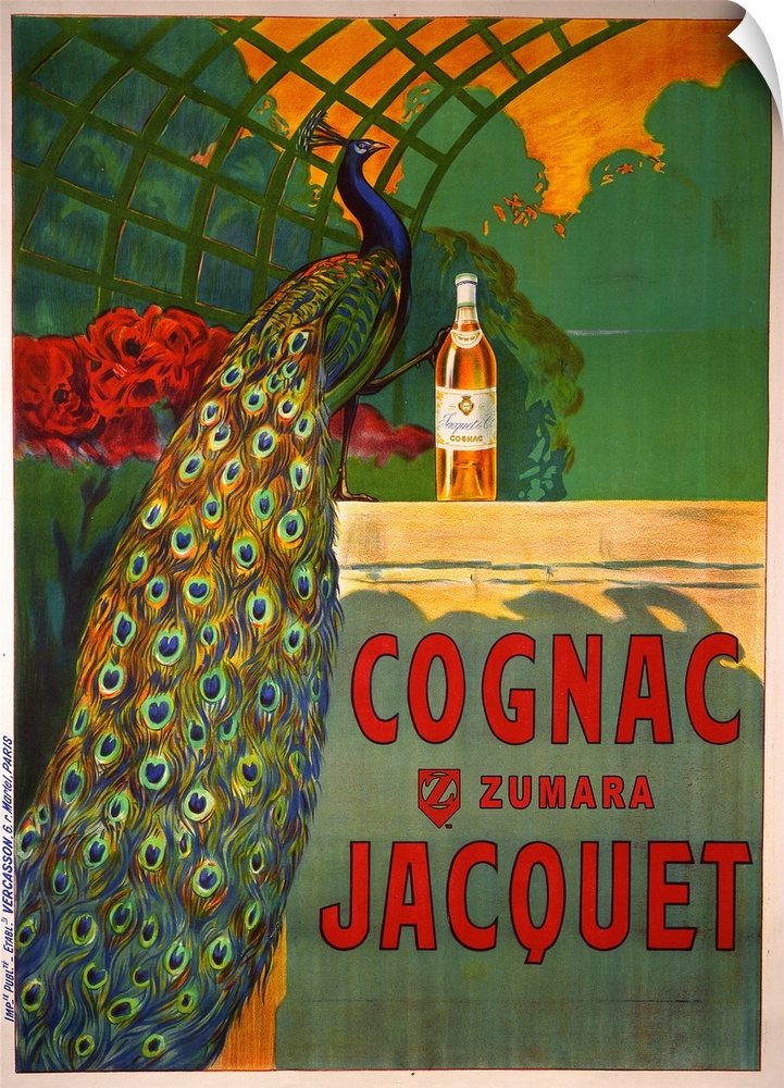 A vintage style poster of a peacock standing under a trellis with its foot perched on a bottle of liquor.