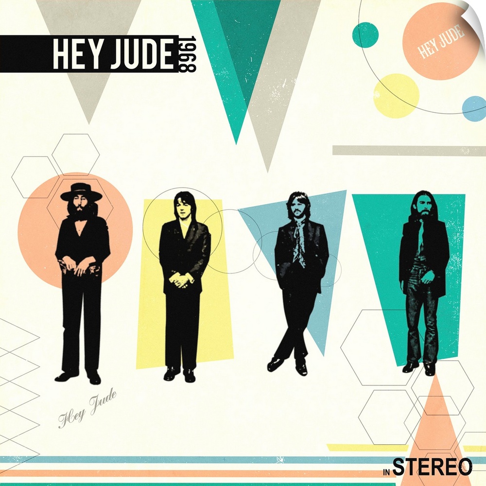 Square 'Hey Jude' album advertisement with geometric illustrations.