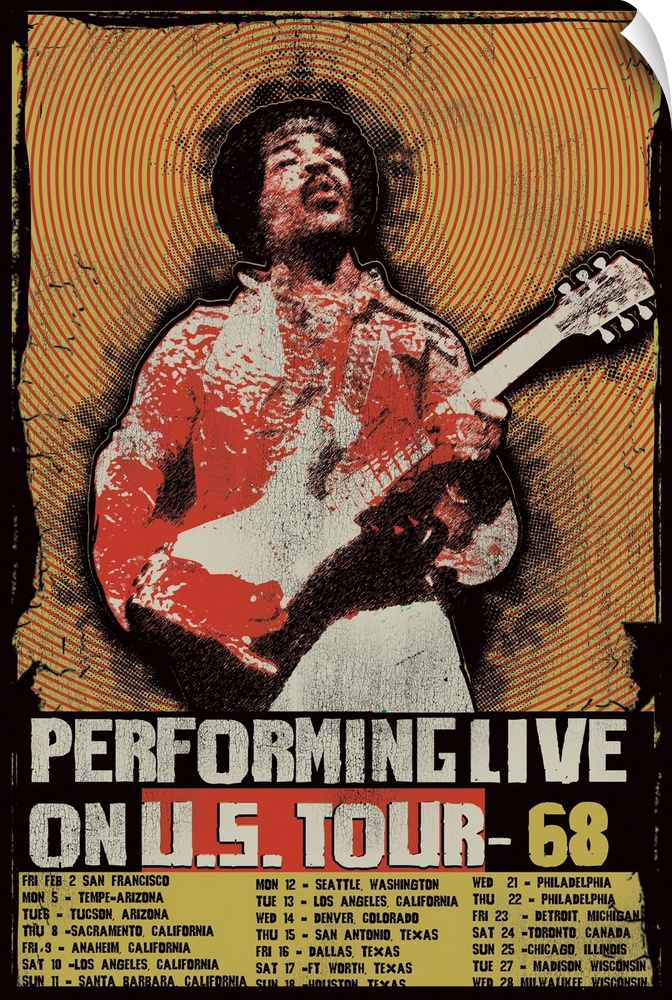 Jimi Hendrix Live Tour Poster for the United States in 1968 with all of the cities and dates listed at the bottom.
