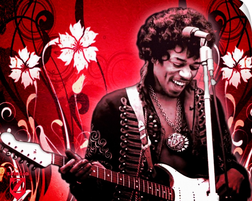 Horizontal artwork on a large wall hanging of Jimi Hendrix smiling as he looks down at his guitar, on a psychedelic backgr...