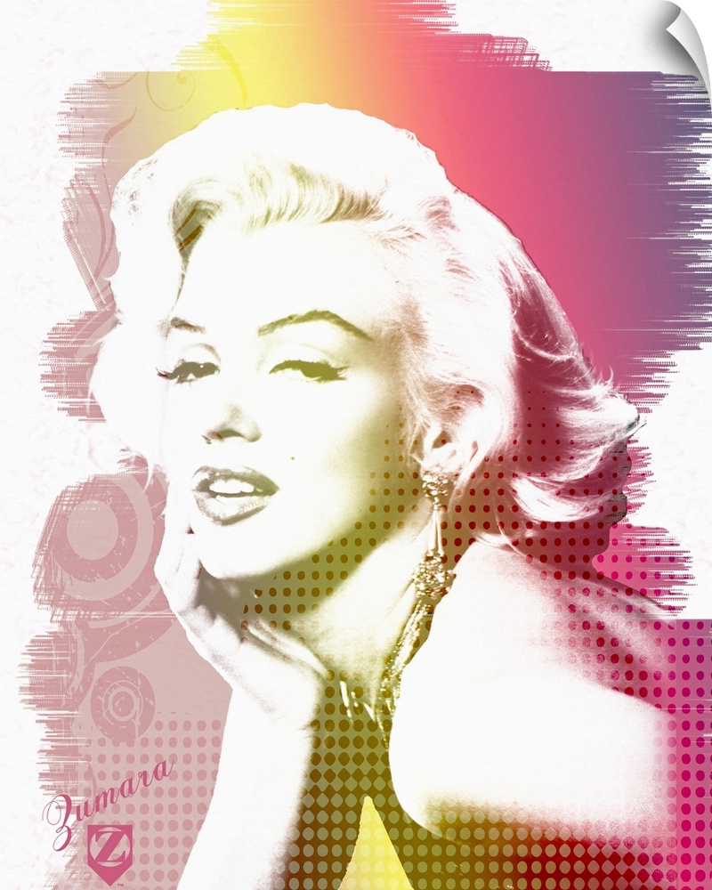 Wall art featuring Hollywood icon Marilyn Monroe against a decorative rainbow background.