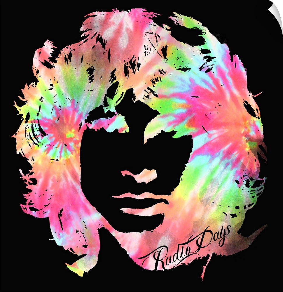 Psychedelic tie-dye silhouette of Jim Morrison's face on a black square background.