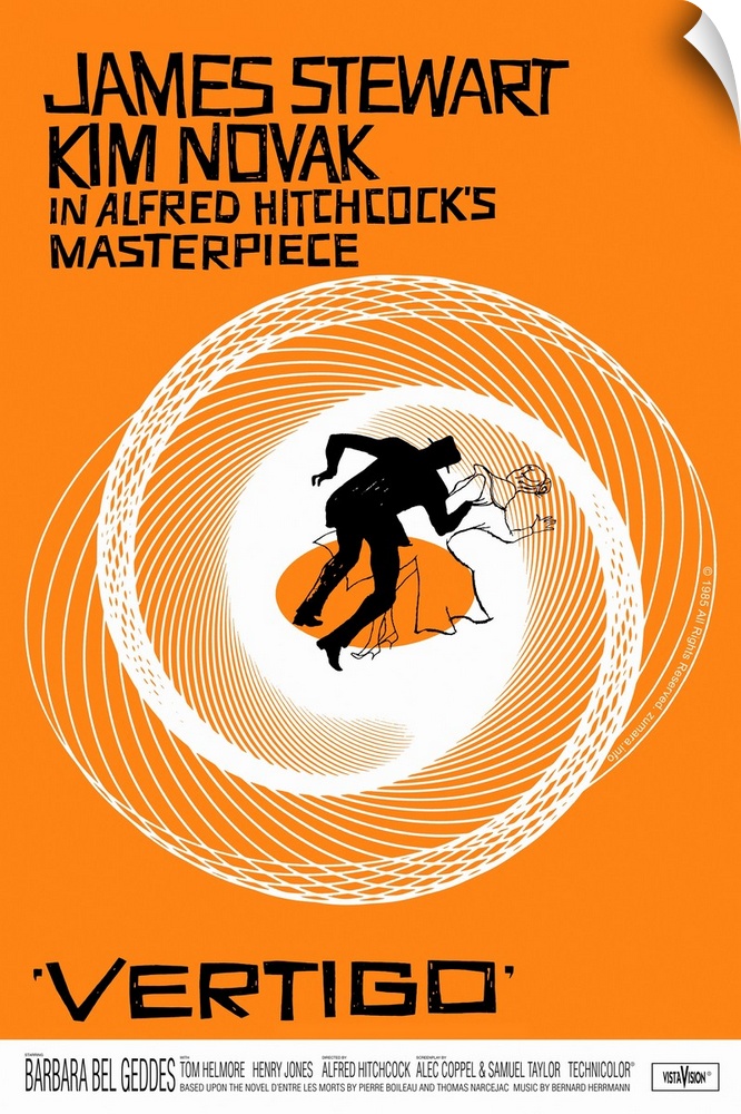 Movie poster for Alfred Hitchcock's hit film Vertigo. It shows the drawing of two silhouettes falling down a spiral.