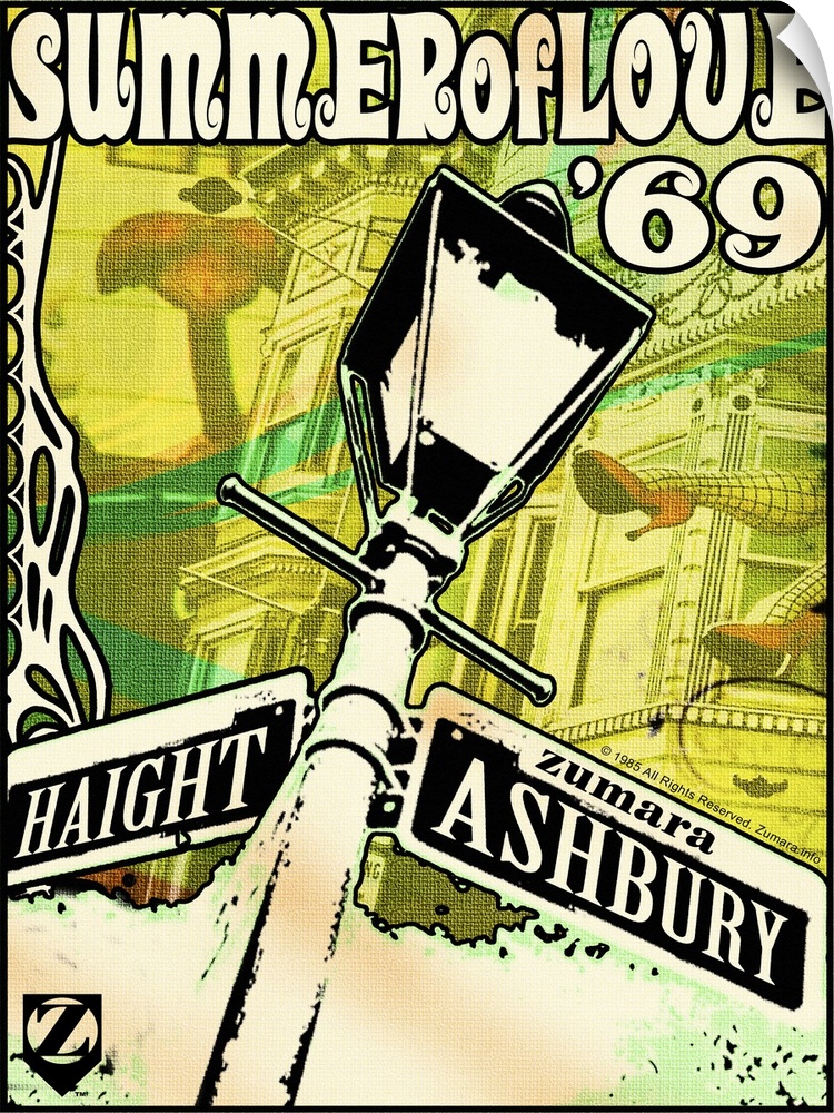 A vintage poster of a street lamp with the street signs Haight and Ashbury on either side. A house in San Francisco is fad...