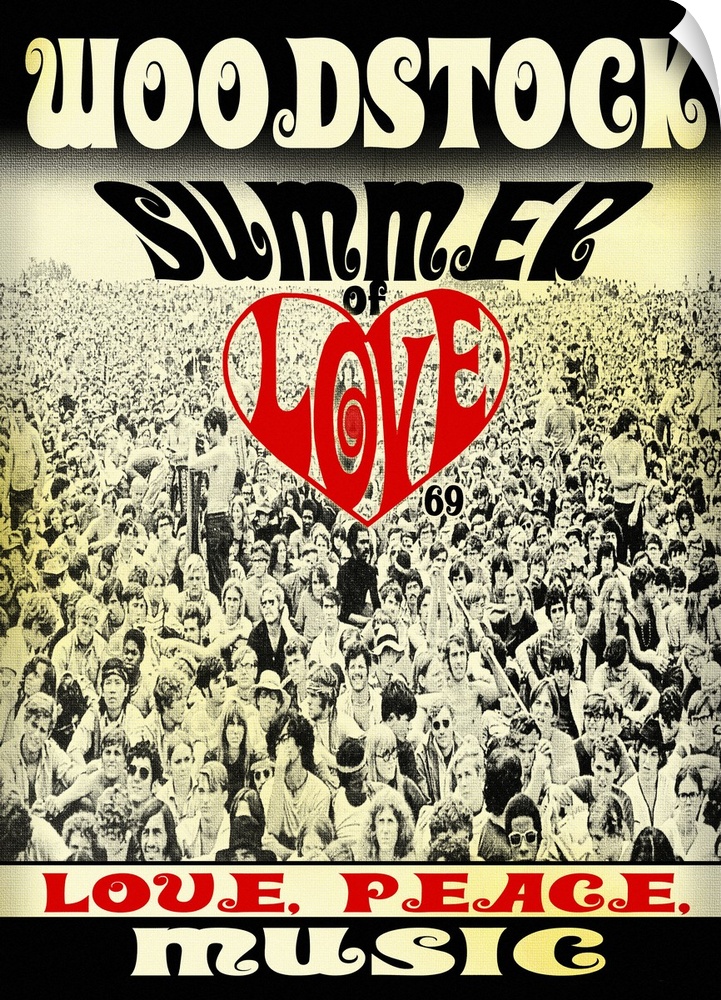 Woodstock poster with a black and white image of the crowd and 'Summer of Love,' 'Love, Peace, Music' written on top.