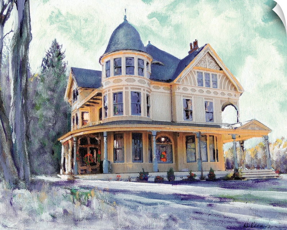 Contemporary painting of a Winter Morning in Connecticut- This Victorian house is in the town of Bethel, CT.
