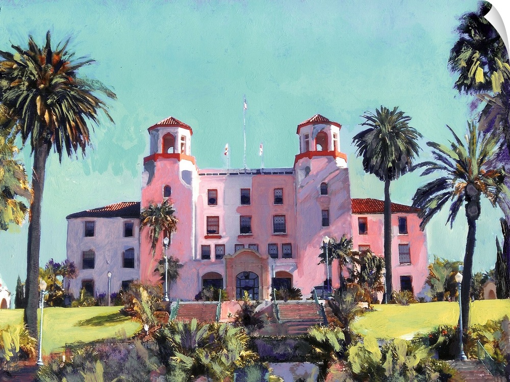 Painting of the Administration Building in Balboa Park, San Diego. Originally part of The Naval Hospital complex now the h...