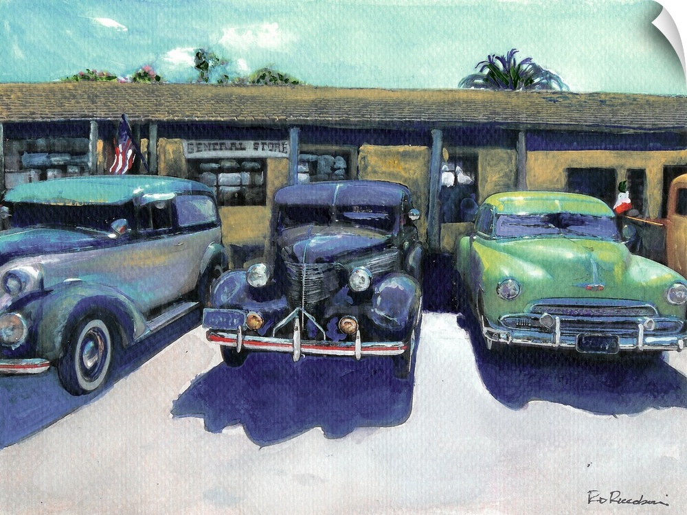 Cars At The General Store, Old Town San Diego State Historic Park. Acrylic painting by RD Riccoboni.