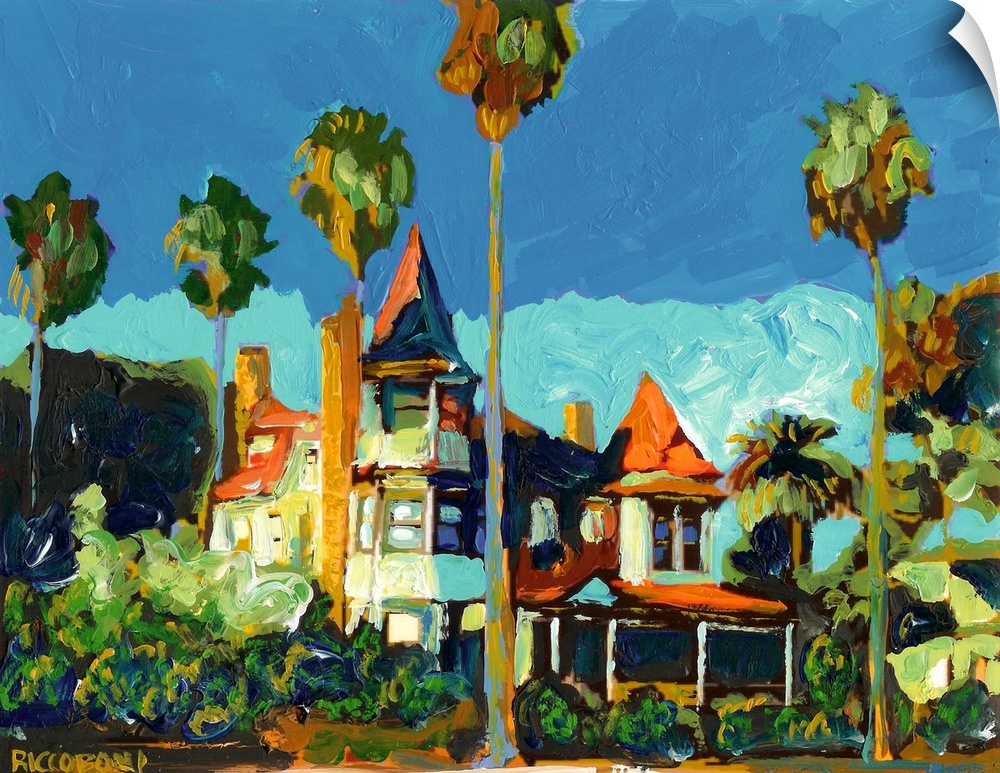Coastal mansion known as the Baby Del on Coronado in an abstract Impressionist Style painting by RD Riccoboni.