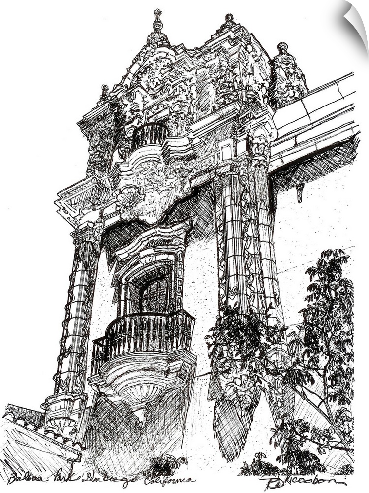 Balboa Park Architecture drawing by RD Riccoboni. Black and white pen and ink drawing of a Tower on the over the top Casa ...