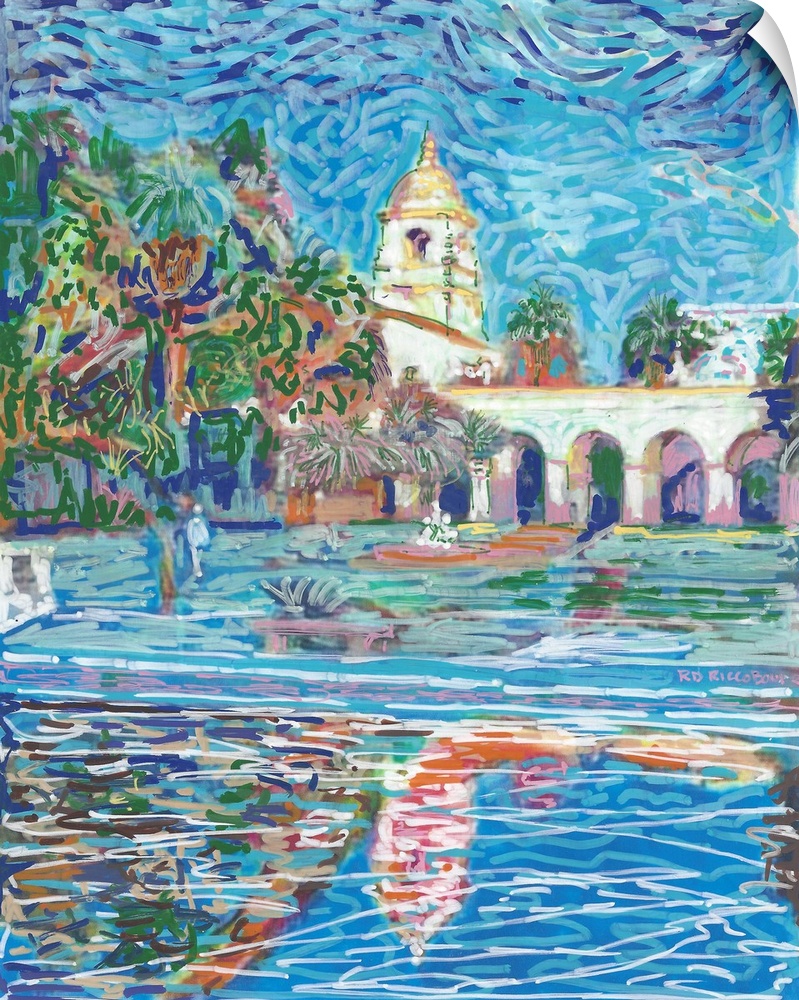 Balboa Park in San Diego, by RD Riccoboni. Mixed media painting. The reflecting pool of the Botanical garden and the arche...