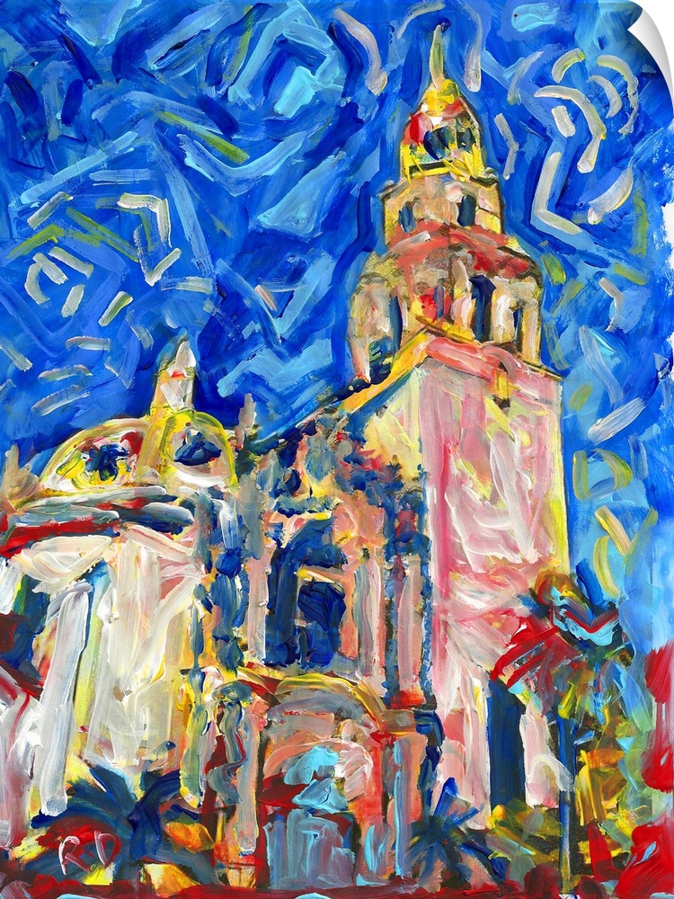Balboa Park, San Diego, California Tower, painting by RD Riccoboni, Contemporary art with broad brushstrokes.