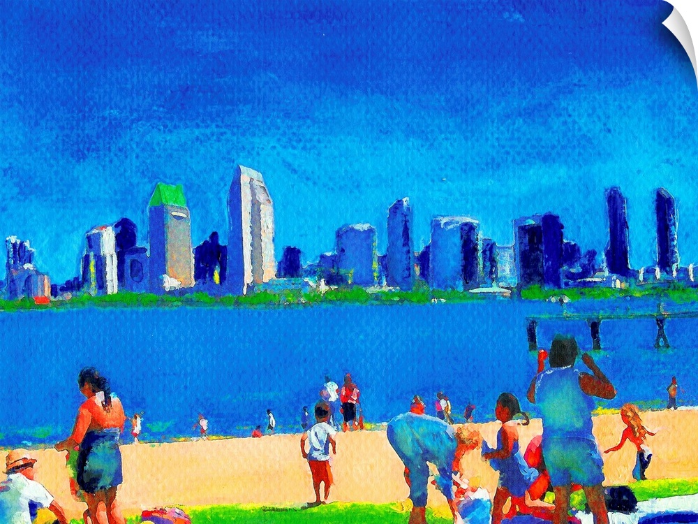 Watercolor painting of one of the best city views from the beach at the Ferry Landing on Coronado Island just across the b...