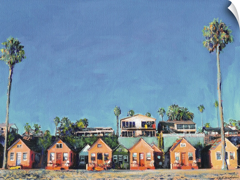 Contemporary painting of a row of beach cottages with palm trees.