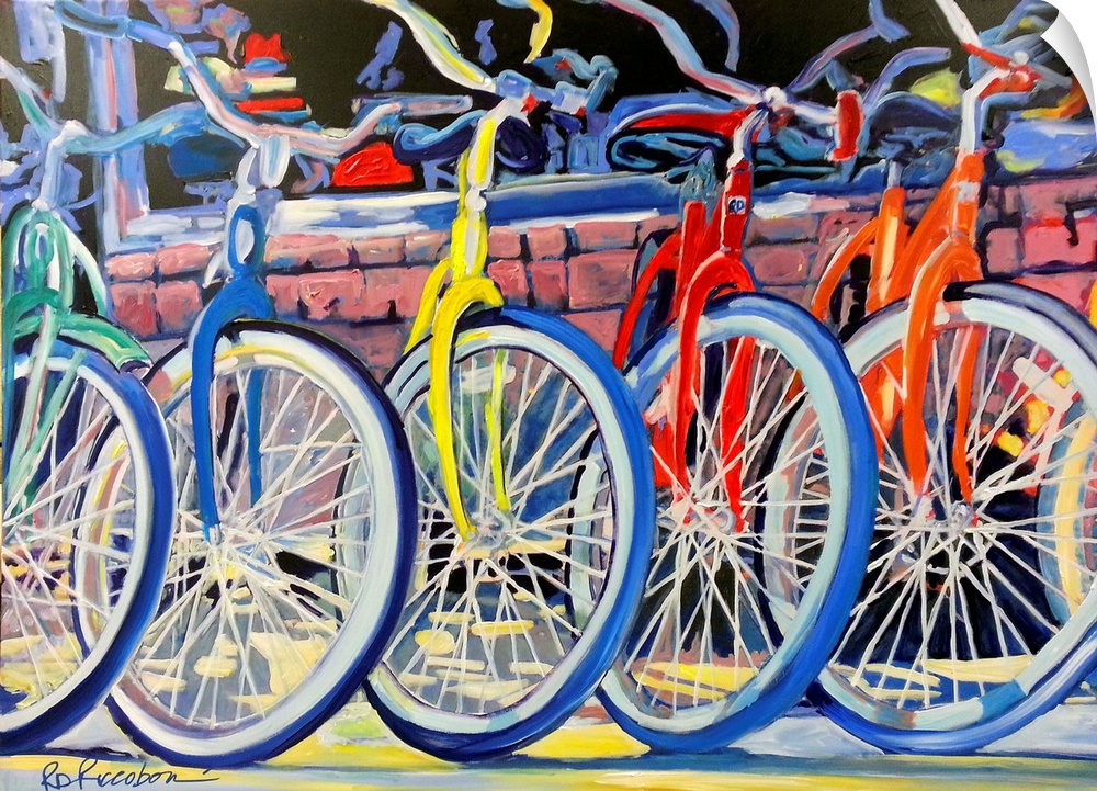 A green, blue, yellow, red, and orange bike lined up in front of the bicycles store.