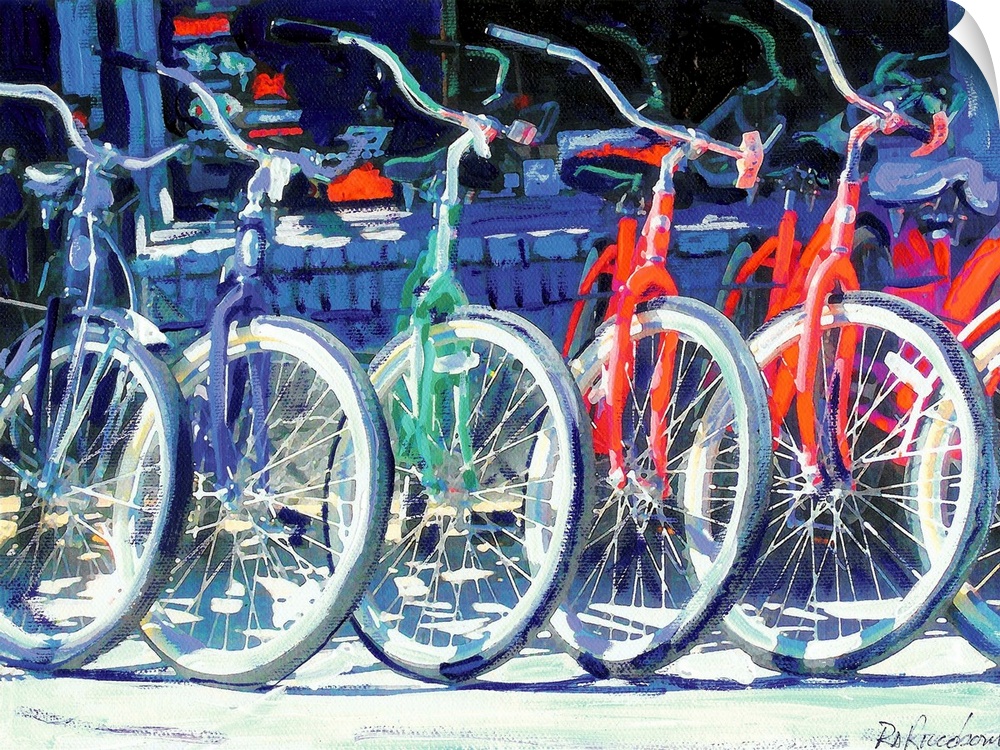 Contemporary painting of colorful bicycles parked in a row outside of a shop.