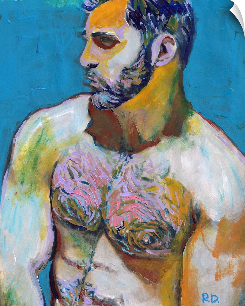 Blue Beard  by RD Riccoboni. Painting of a sexy bearded and hairy chested man.
