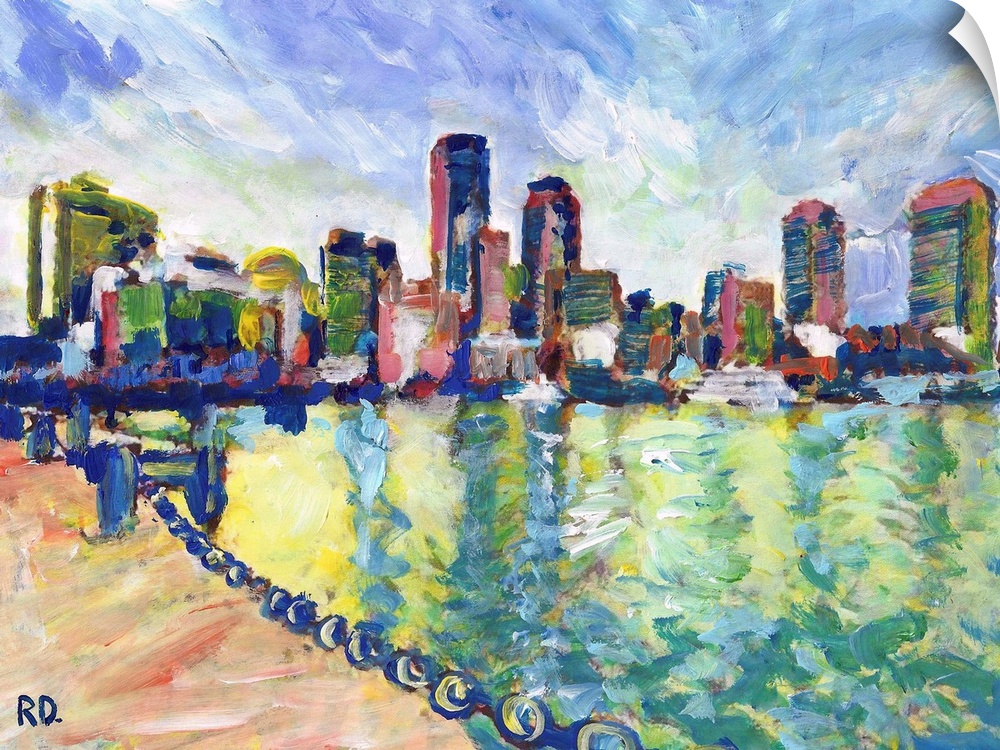 Boston Massachusetts, Boston Harbor and Bay painting by RD Riccoboni with the Skyline of New England's largest city.