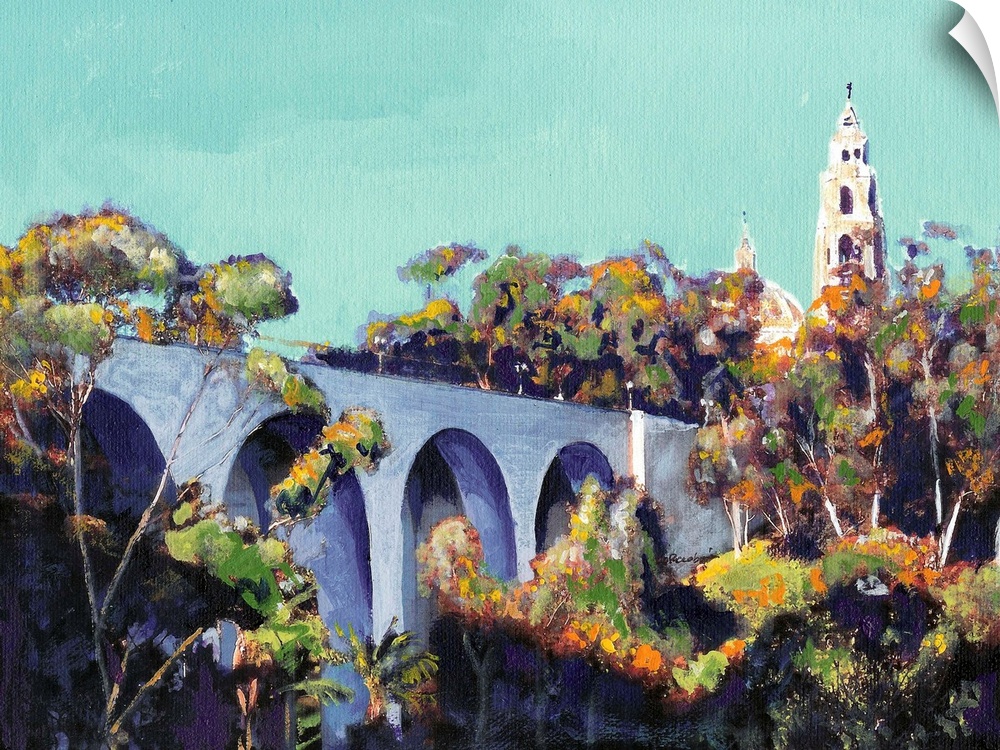 Cabrillo Bridge Balboa Park San Diego painting by RD Riccoboni. The California Building is seen above the tree tops.  Hist...