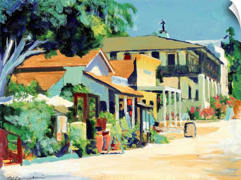 Calhoun Street San Diego, painting on canvas by RD Riccoboni.  Historic buildings line the street where California and the...