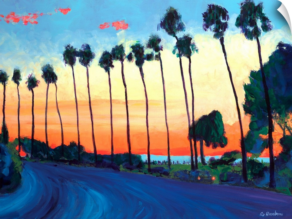 Painting of Coast Boulevard and Scripps Park at Sunset in La Jolla Cove.