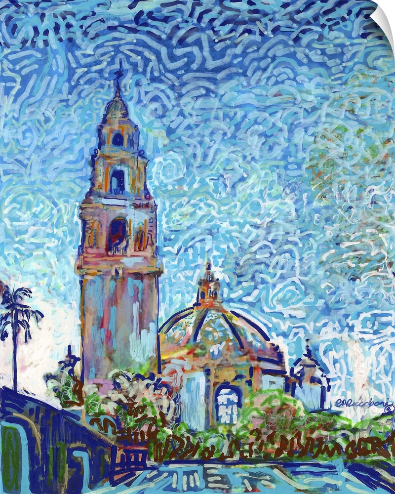 Vibrant impressionist style art work of The California Building - Museum of Man in Balboa Park.  When in San Diego, Califo...