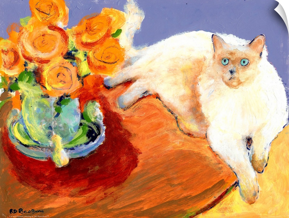 Cat and Flowers, painting by RD Riccoboni.  This ragdoll cat lounging on a table next to a vase of roses. Painted in the i...