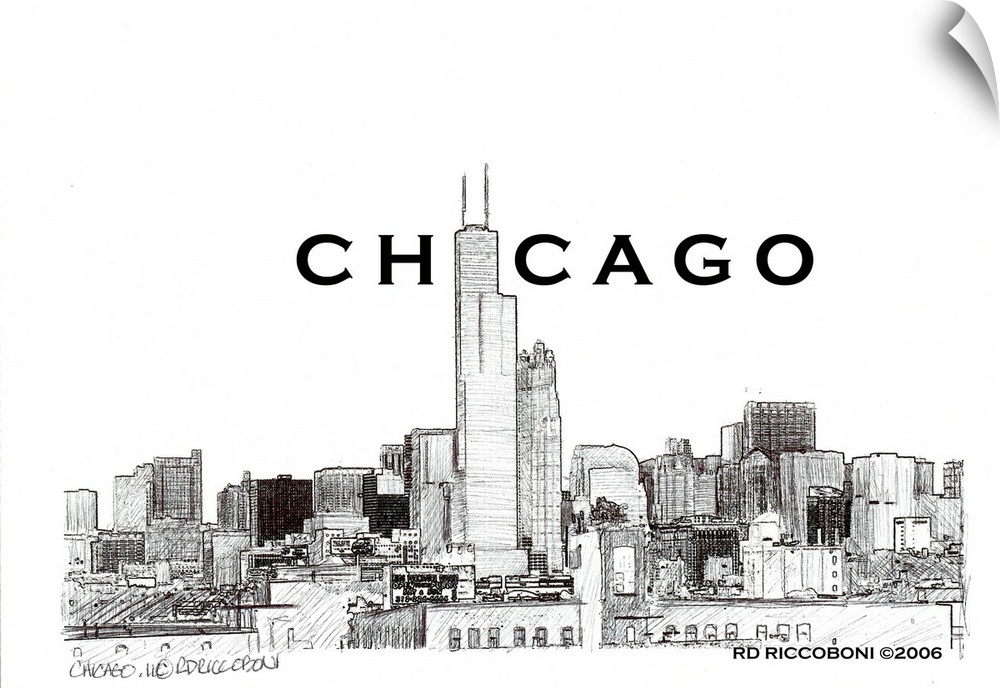 Chicago Skyline, and Willis, Sears Tower by Randy Riccoboni. A pen and Ink drawing of the windy city.