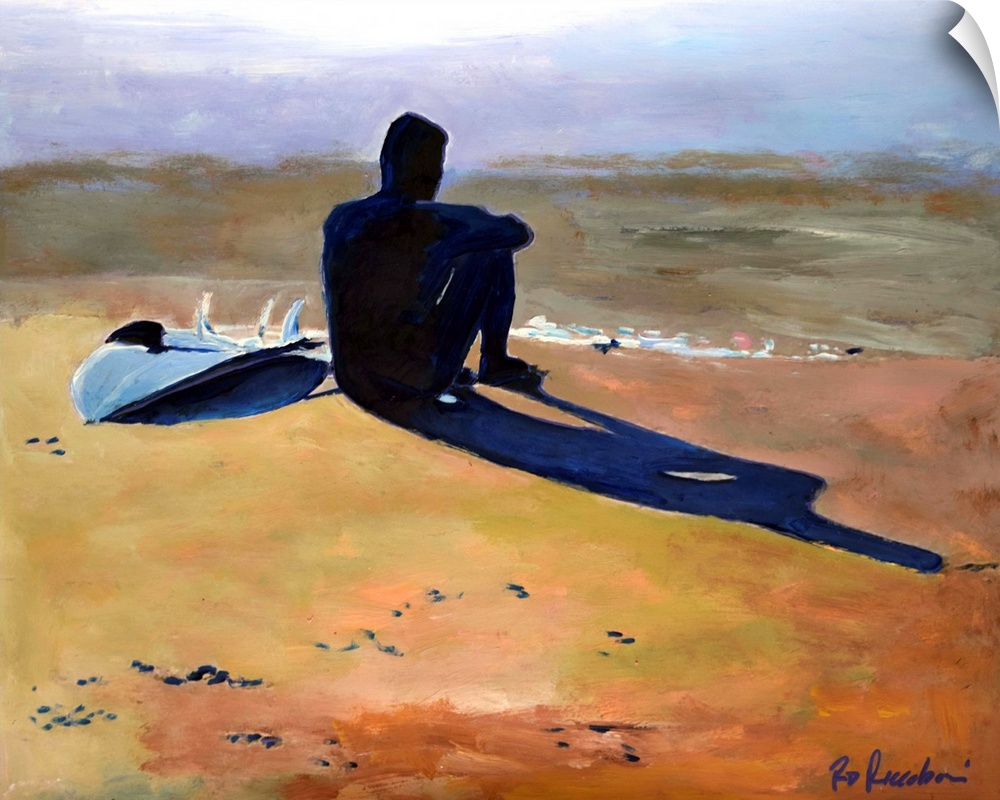 Painting of a surf board and shadow of the surfer sitting on the beach as the light reflects of the wet sand.