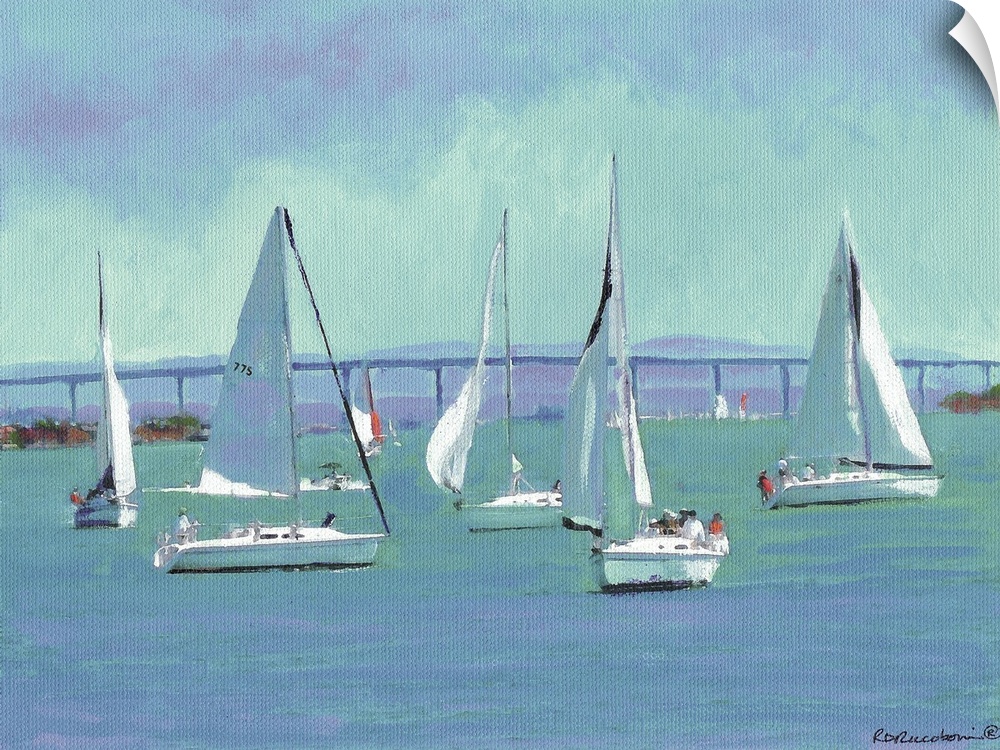 Contemporary painting of boats sailing  by the Coronado Bridge in San Diego Bay.