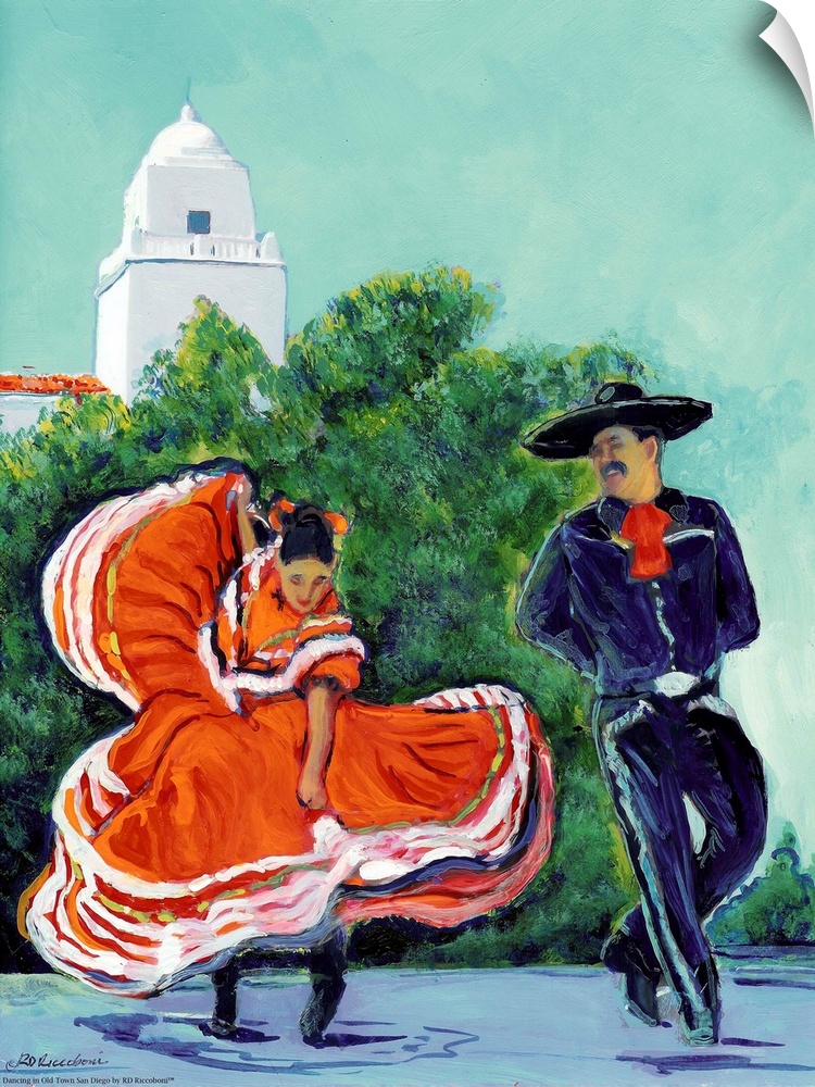 Dancing in Old Town San Diego by RD Riccoboni.  Mexican folk dancers in California. Bright red, blue, green and Spanish ar...