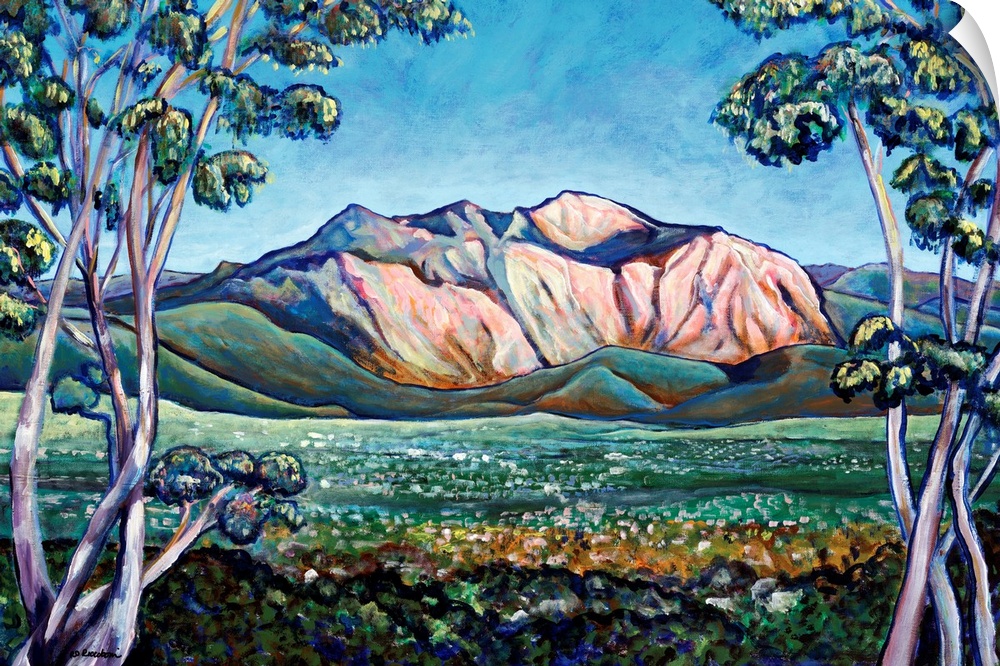 Rugged El Capitian - El Cajon Mountain, landscape painting by San Diego California artist RD Riccoboni.  Pink, Blue and gr...