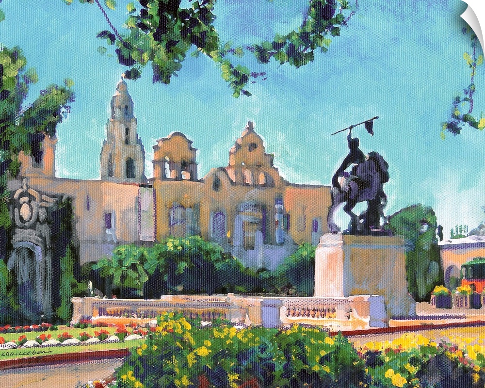 Painting of El Cid Balboa Park in San Diego. Plaza de Panama with statue by Anna Hyatt Huntington. House of Charm building...