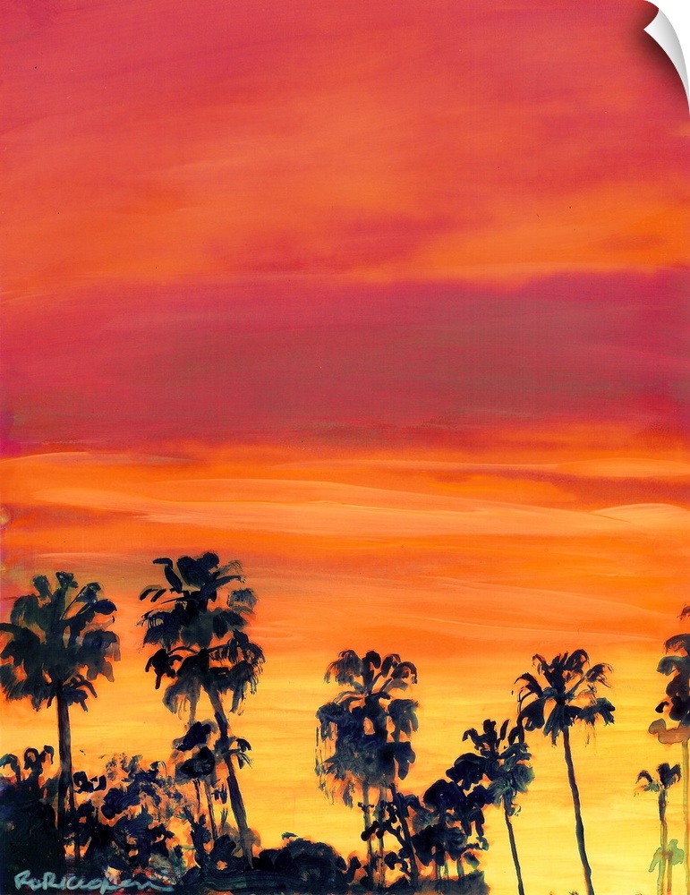 February Sunset San Diego by RD Riccoboni.  Pink, yellow, red sky with palms a view from my art studio.  The original is a...