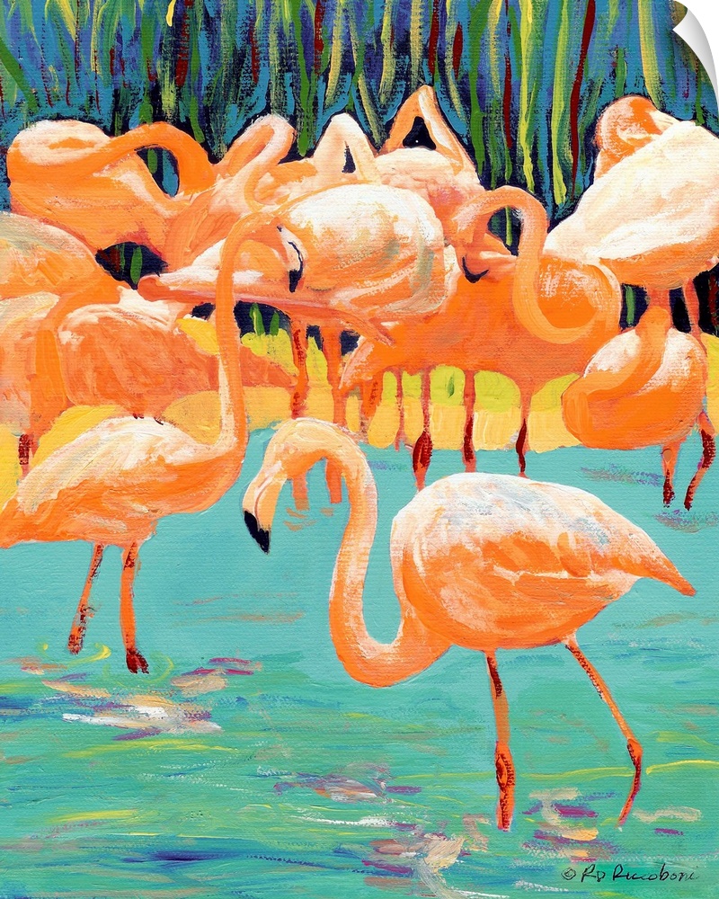Flamingos by RD Riccoboni Acrylic on canvas bird painting 2009 San Diego CaliforniaAqua, orange, pink, teal, tropical retro