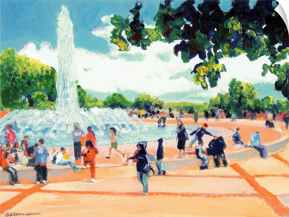 Fountain in Balboa Park, San Diego, painting by RD Riccoboni.  A favorite spot for kids. Children gather around the founta...