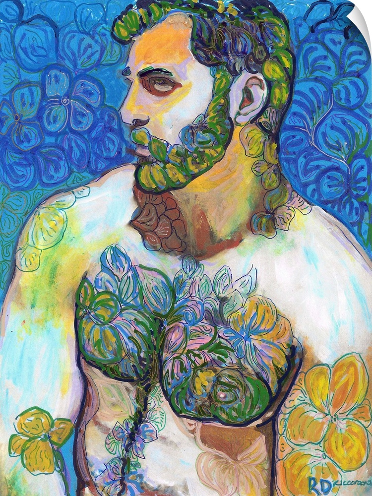 Golden Flower Bear, by RD Riccoboni. Handsome sexy man painting with surreal Green Beard Flowers.
