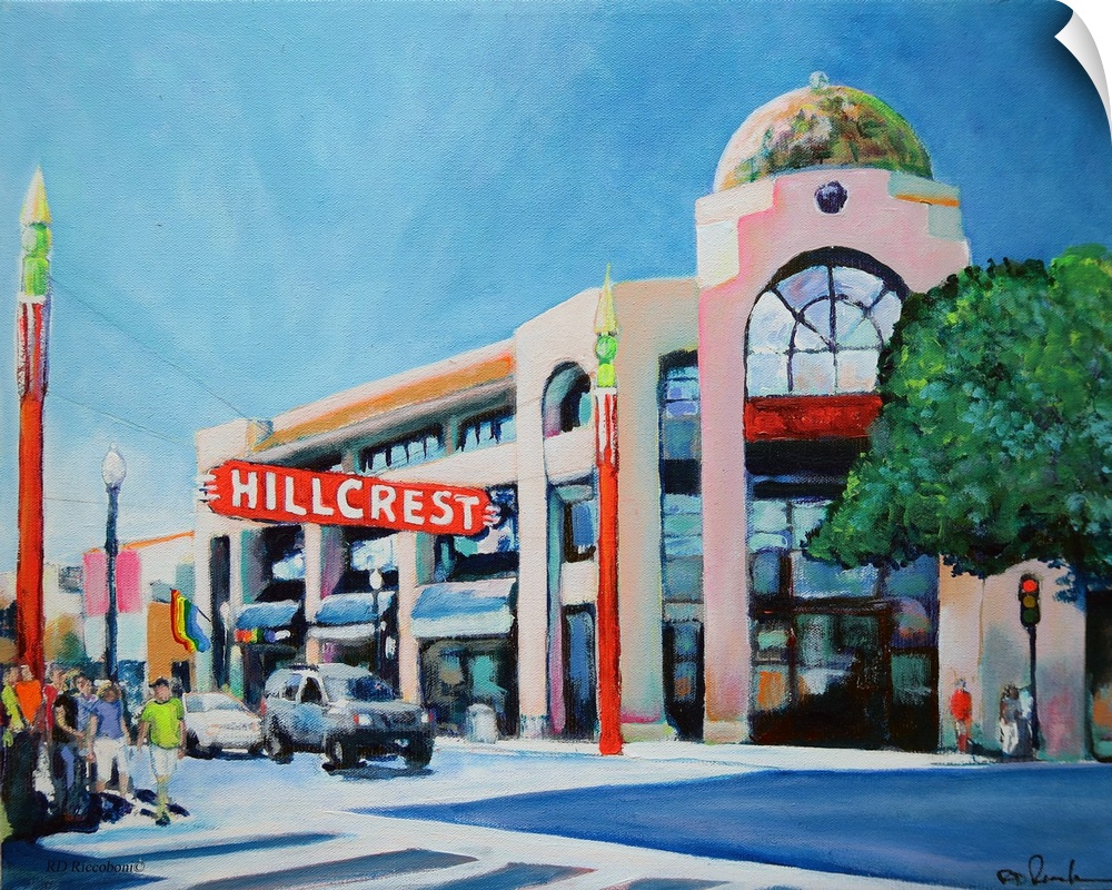 Hillcrest San Diego, painting by RD Riccoboni.  Corner of University and fifth Avenue where the famous Hillcrest sign hang...