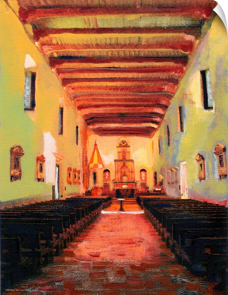 Interior of San Diego de Alcala Mission, painting by California artist RD Riccoboni. A beautiful vertical painting in warm...